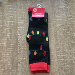 Holiday Festive Christmas Light Black and Red Knee High Socks, Sizes 5-9